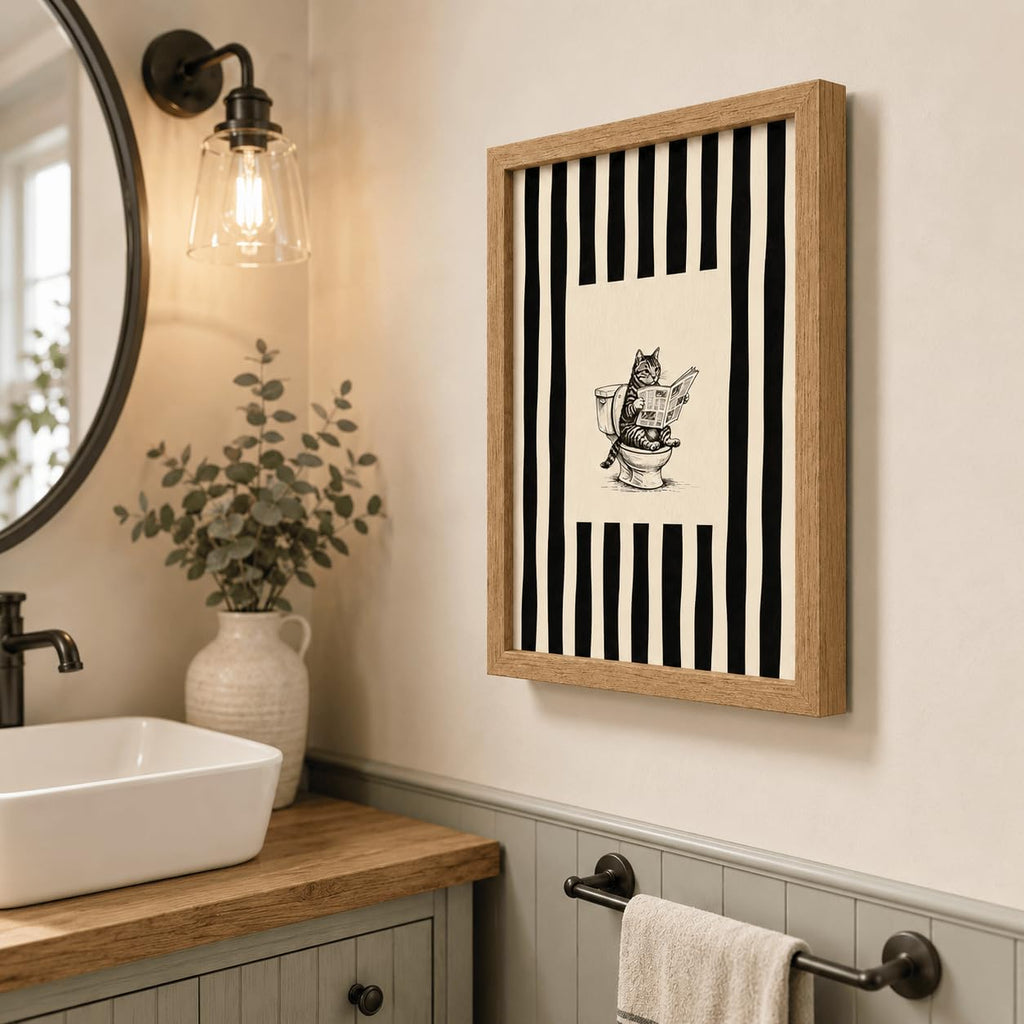 Framed Funny Bathroom Wall Art - Tabby Cat Reading Newspaper on Toilet Canvas Print, Vintage Striped Minimalist
