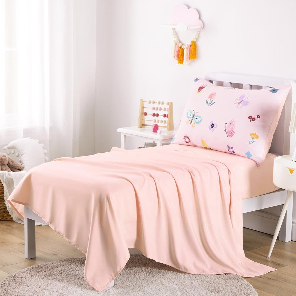 Butterfly Toddler Bedding Set for Girls, Cute Colorful Butterfly with Floral Flowers, 4 Pieces Soft Crib Bed Set