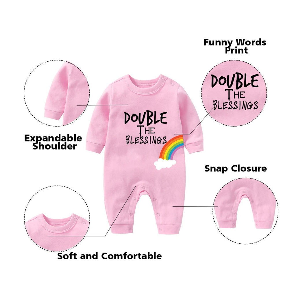 Baby Twins Bodysuits Double The Blessings Twice The Love Rainbow Girl Romper Boy Infant Jumpsuits Hat Set (pink blue