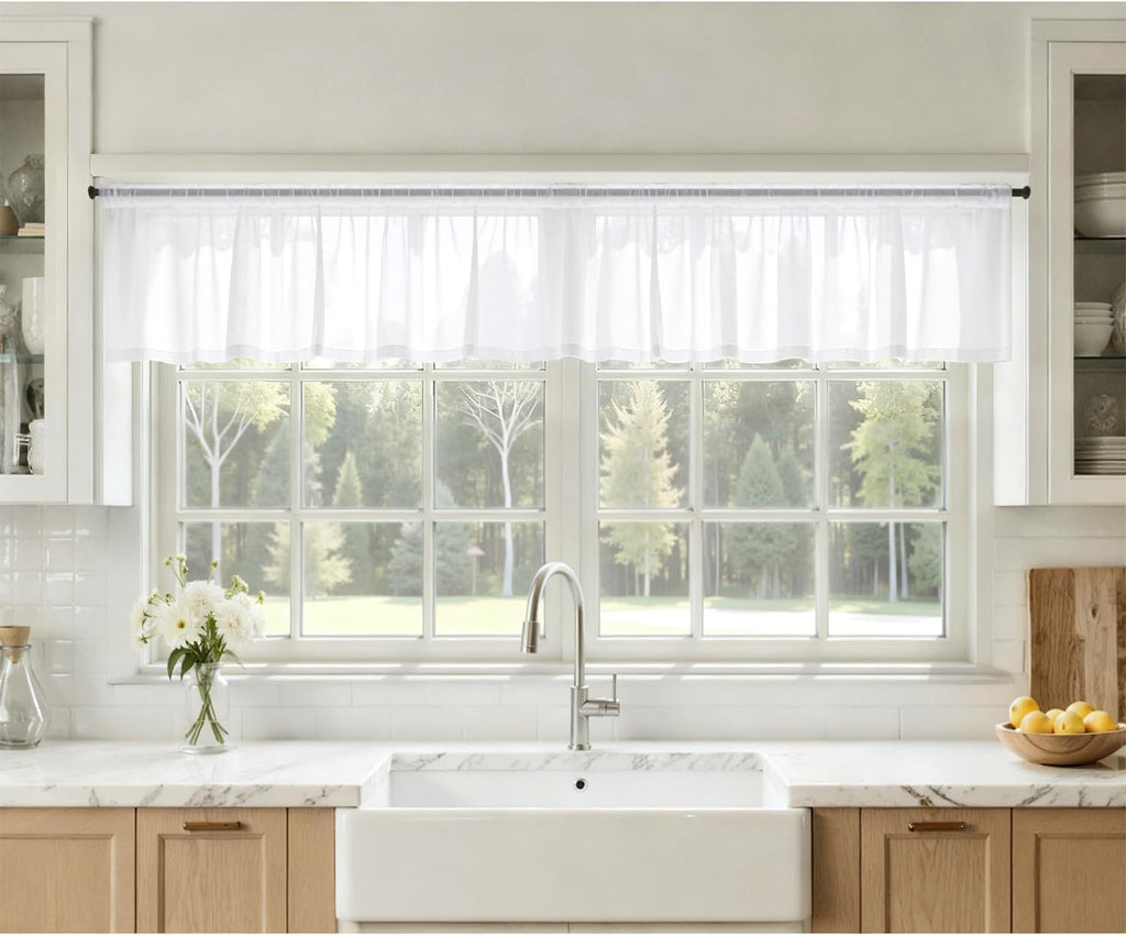 White Valance for Windows, 4 Panels Set, Light Filtering Small Short Valance Sheer Curtains , 42W x 14 Inches