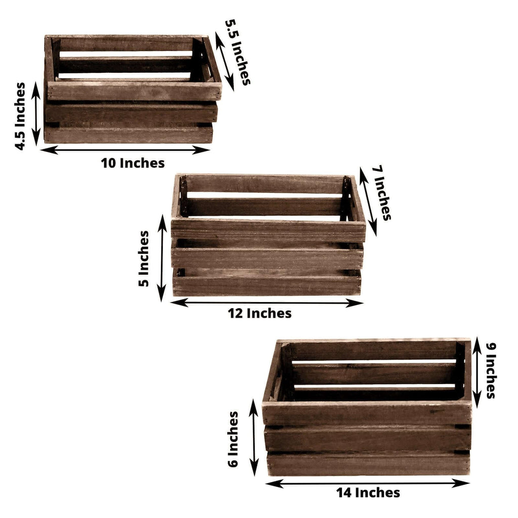 Set of 3 Brown Rustic Wooden Nesting Crates with Built-in Handles, Decorative Farmhouse Storage Boxes and Display