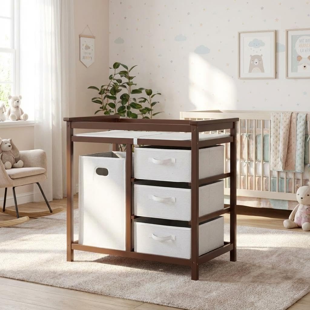 Modern Baby Changing Table with Laundry Hamper & 3 Drawers | Solid Wood Nursery Dresser Supports 40 Lbs, with Safety