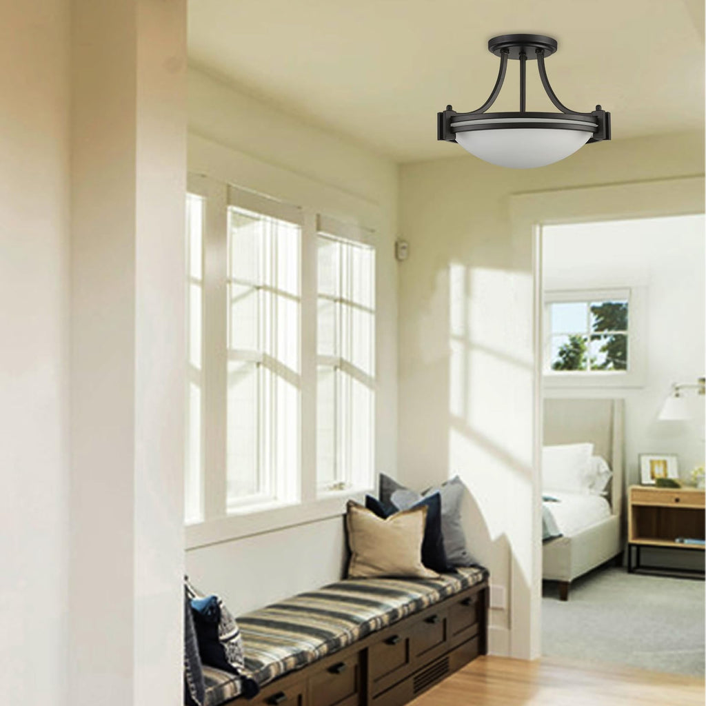 Modern Black Semi Flush Mount Ceiling Light with Milk Glass 12"