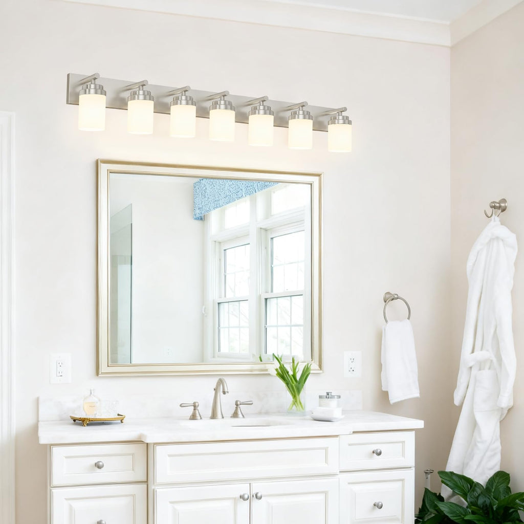 Bathroom Vanity Light Fixture, 7-Light 52 inch Brushed Nickel Bathroom Light Fixtures Over Mirror, with White Glass