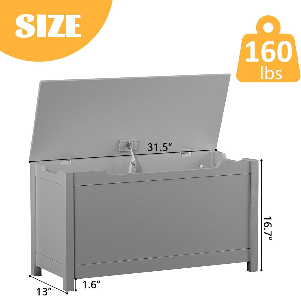 Kids Toy Box Chest, Large Wooden Storage Trunk Bench with Safety Hinged Lid for Ages 3+, Grey