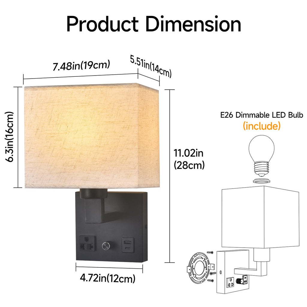 Bedside Wall Lamp, Plug in Wall Sconce - Dimmable Switch with AC Outlet & USB Charging Port, Fabric Shade, Black