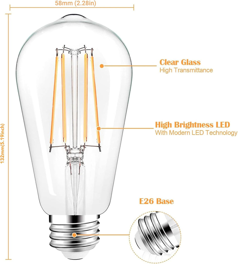 LED Light Bulbs Dimmable Vintage Edison Bulb, E26 LED Bulb 60W Equivalent 720 Lumens, Warm White 2700K, ST58 Antique