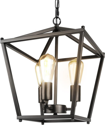Black Lantern Pendant Light, 3 Lights Farmhouse Chandelier Fixture with Metal Cage, Adjustable Height Industrial Hanging Lights E26 Base for Kitchen Island, Bedroom, Entryway, Foyer A128-B0B7D48PBG