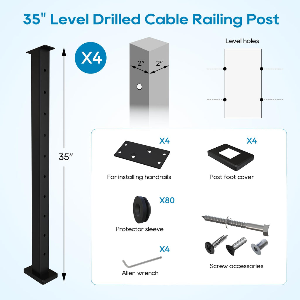 Level Drilled Cable Railing Post 36" (35"X2"x2"), Stainless Steel Black Square Deck Railing Post Flat Bracket