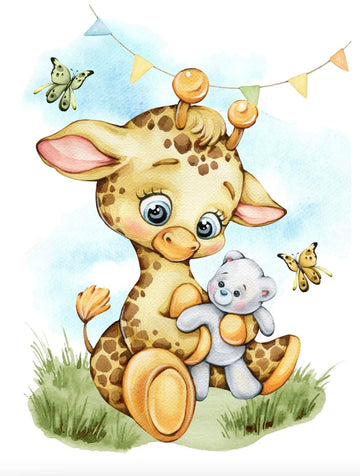 Baby Giraffe & Teddy Bear Fabric Panel 19x25in, 100% Cotton Twill