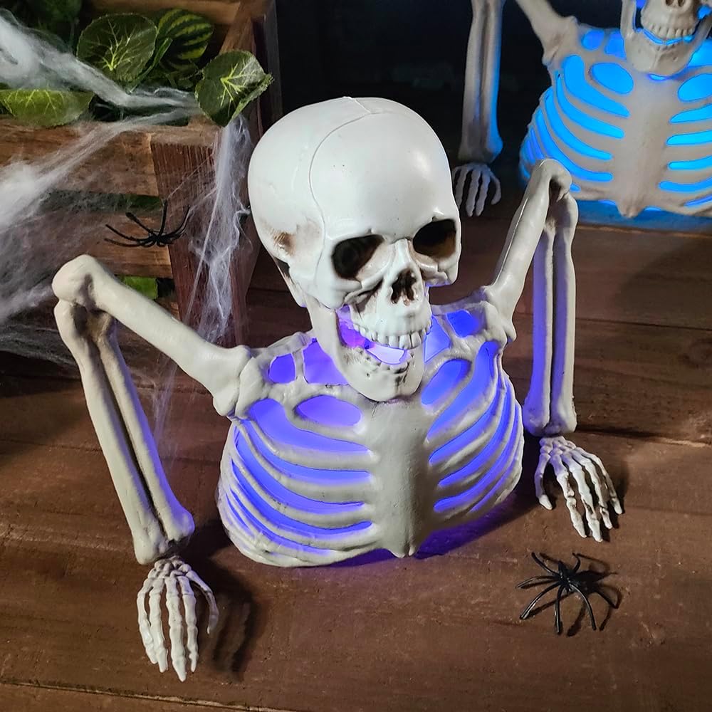 Halloween Skeleton Decorations with Colorful Light, Scary Groundbreaker Skull Stakes Lights for Halloween Graveyard