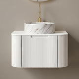 24-Inch Floating Bathroom Vanity with Sink, Solid Wood Fluted Cabinet, Marble-Pattern Ceramic Basin, Faux Marble Top, Soft-Close Drawer, White