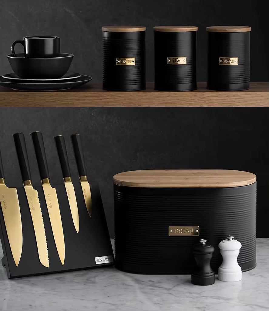Black Metal Canisters with Wooden Lids - Set of 4 Airtight Storage Tins for Coffee, Tea, Sugar & More - Modern Ribbed