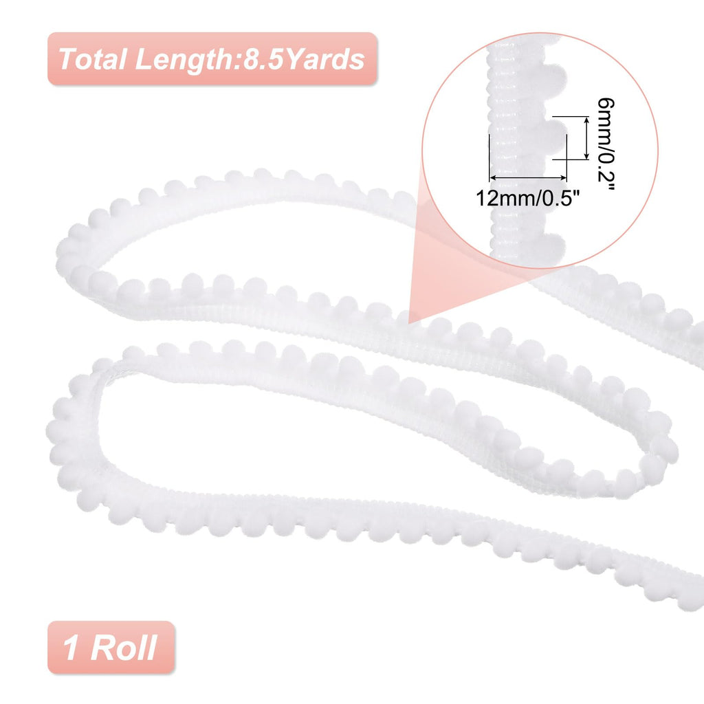 Pom Trim Ribbon, 0.5" Wide White Pom Ball Fringe Trim Sewing Fringe Fabric Trim Ribbon for DIY Crafts - 8.5 Yards