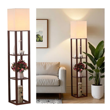 Floor Lamp with Shelves, Floor Light, Wood, Brown.
