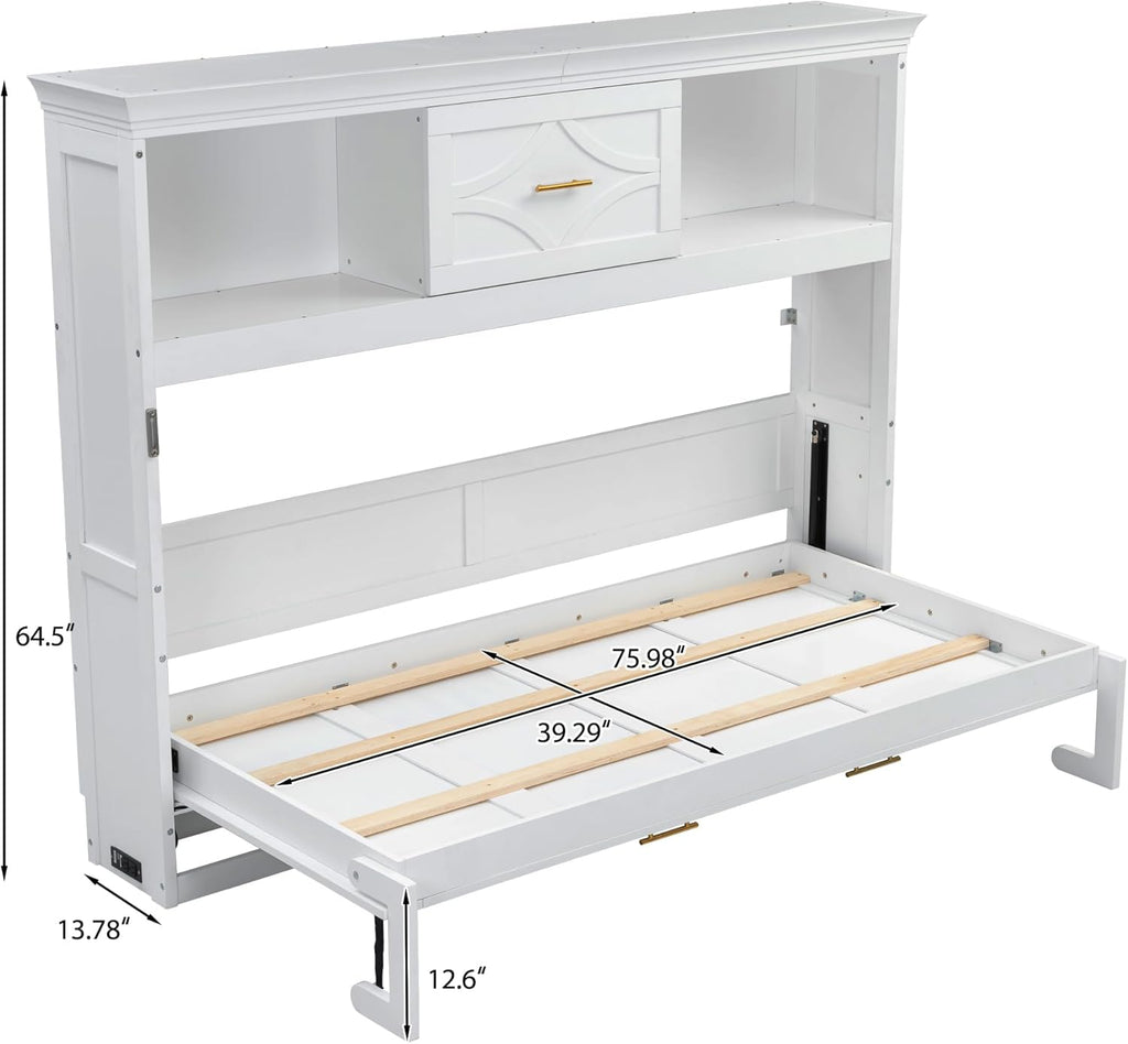 Farmhouse Wood Murphy Bed Chest with Charging Station & Drawer, Storage Wall Bed with Wood Slat Support/Space Saving
