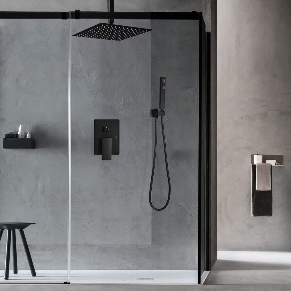 16 Inch Ceiling Mount Matte Black Shower System Bathroom Luxury Rain Mixer Shower Combo Set Ceiling Rainfall Shower