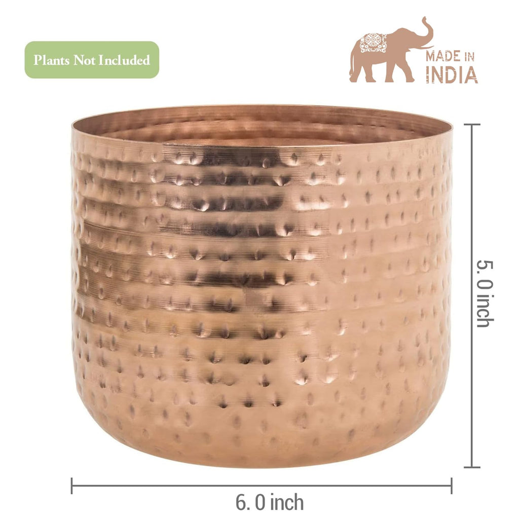 6 Inch Copper Tone Metal Plant Pot with Hammered Design, Decorative Small Succulent Planter - Handcrafted in India