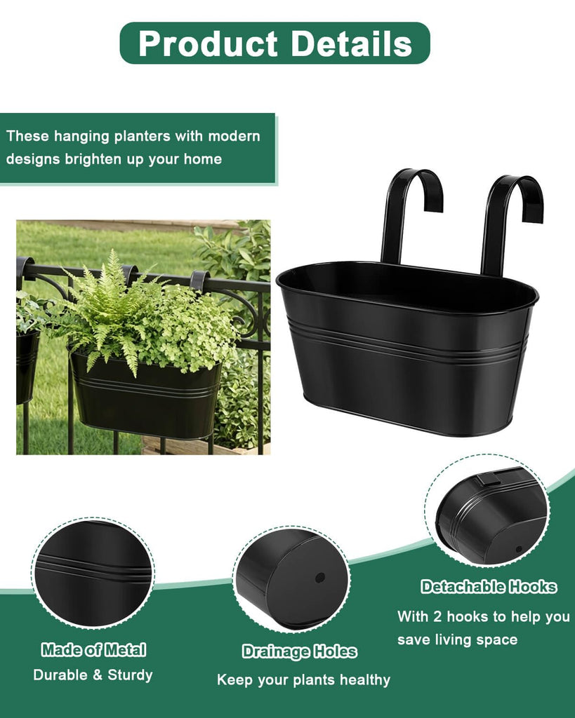 11 Inch Railing Planter Box, 5 Pack Metal Hanging Planters with Hooks
