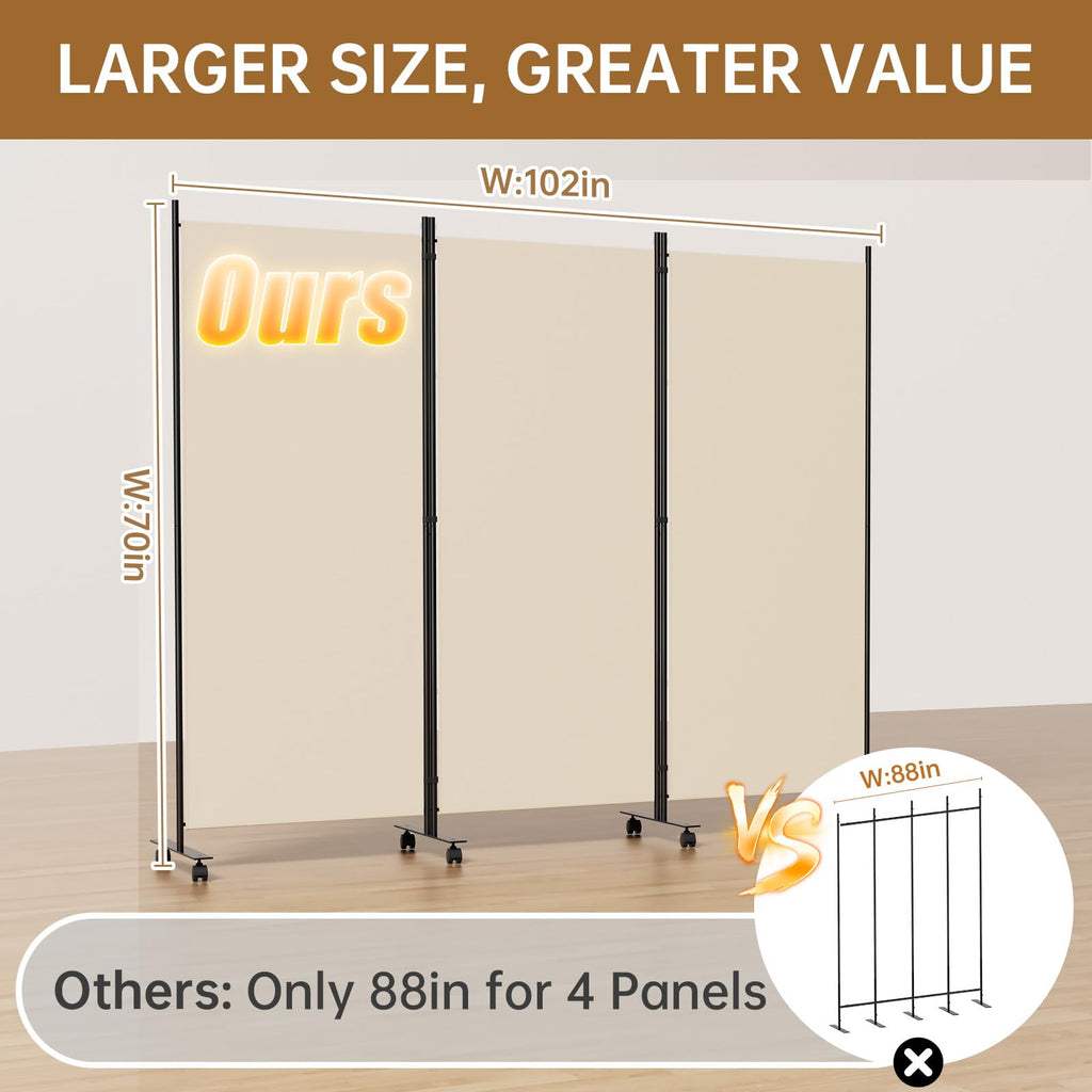 Room Divider 102'' Wide Folding Room Divider Panel with Wheel, Upgraded Base