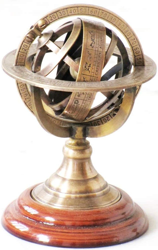 Brass Armillary Sphere Astrolabe On Wooden Base Maritime Nautical & Collectible