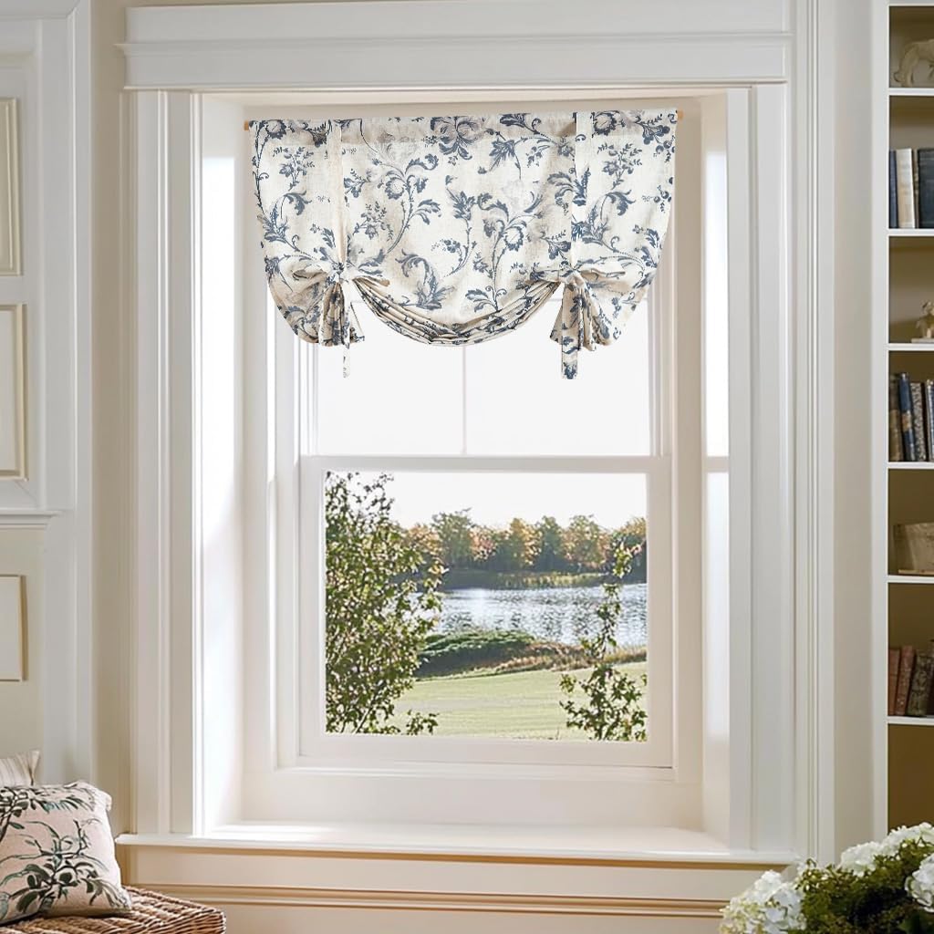 Tie Up Valance Curtain Floral Linen for Windows Farmhouse 45 Inch Damask Printed Short Window Treatment Adjustable
