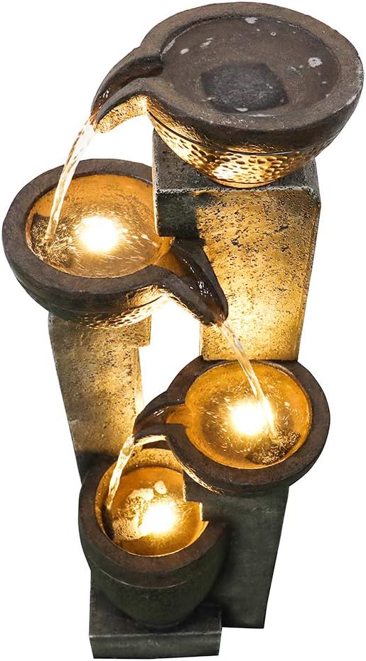 40''H Water Fountain Outdoor Decor, 4-Tier Crocks Fountains for Outsides with LED Lights, Indoor Waterfalls Fountain