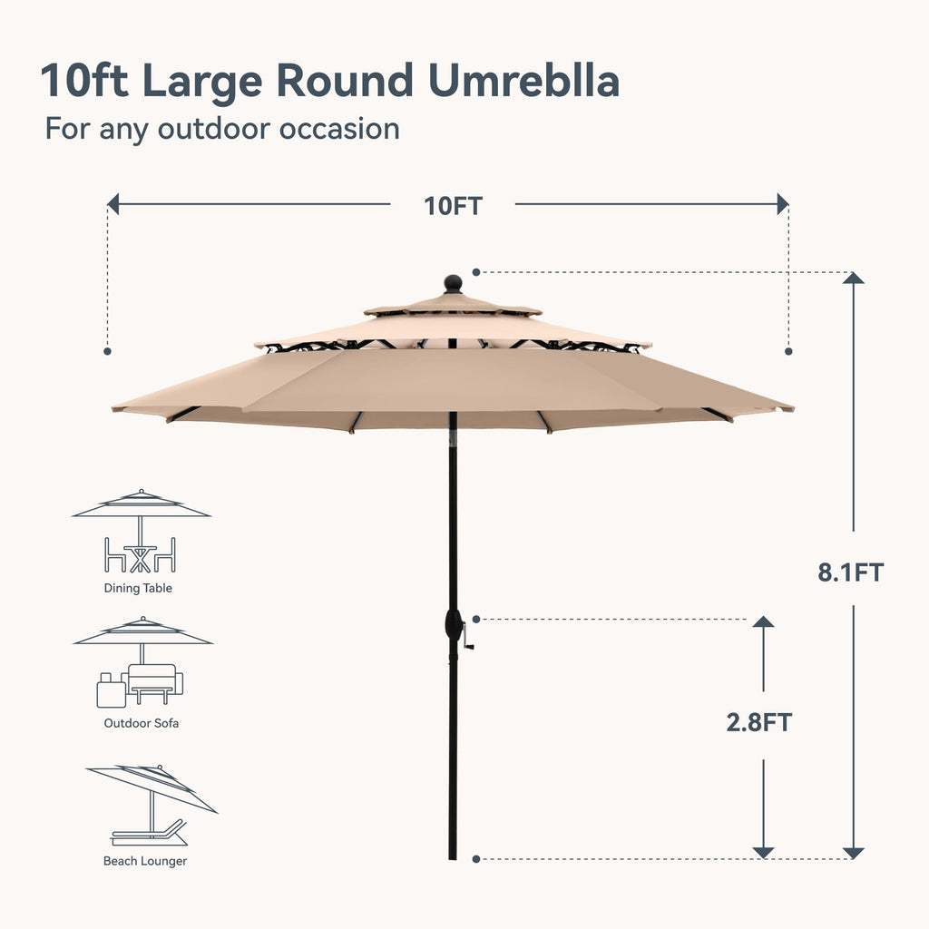 10ft Outdoor Patio Umbrellas, 3 Tier Table Umbrella, Beige&Frappe