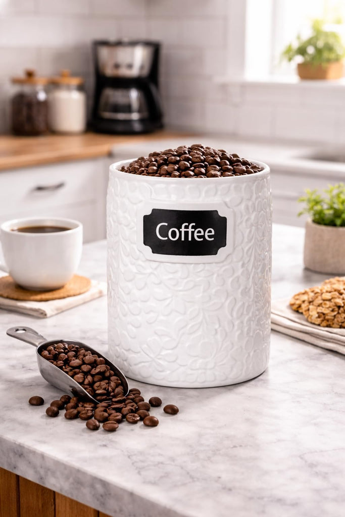 Ceramic Canister for the Kitchen (52oz/1537ml) - Airtight Kitchen Counter Storage with Bamboo Lids, Decorative Flour