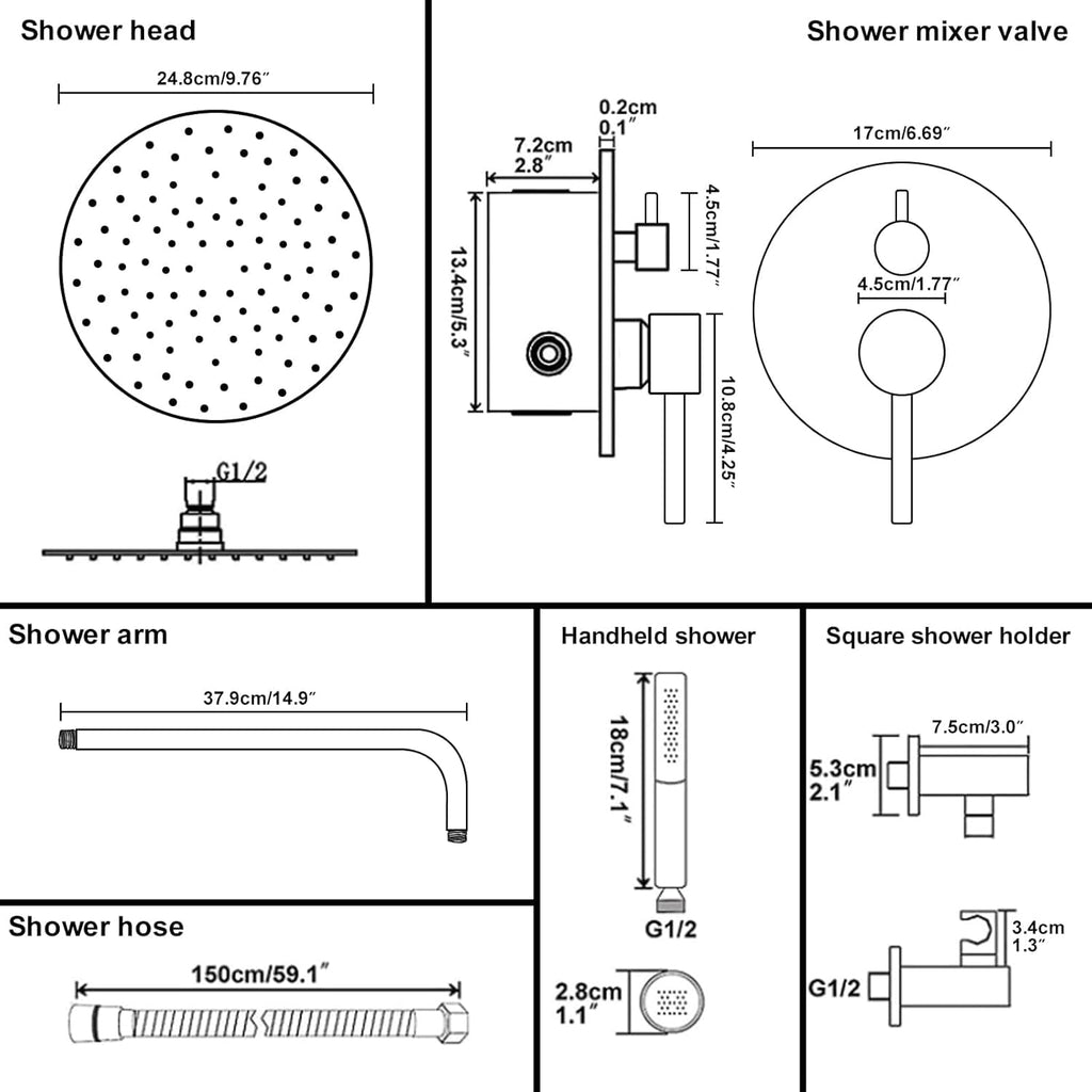 Shower System with 10 Inch Round Rain Shower Head and Handheld Wall Mounted, High Pressure Rainfall Shower Faucet