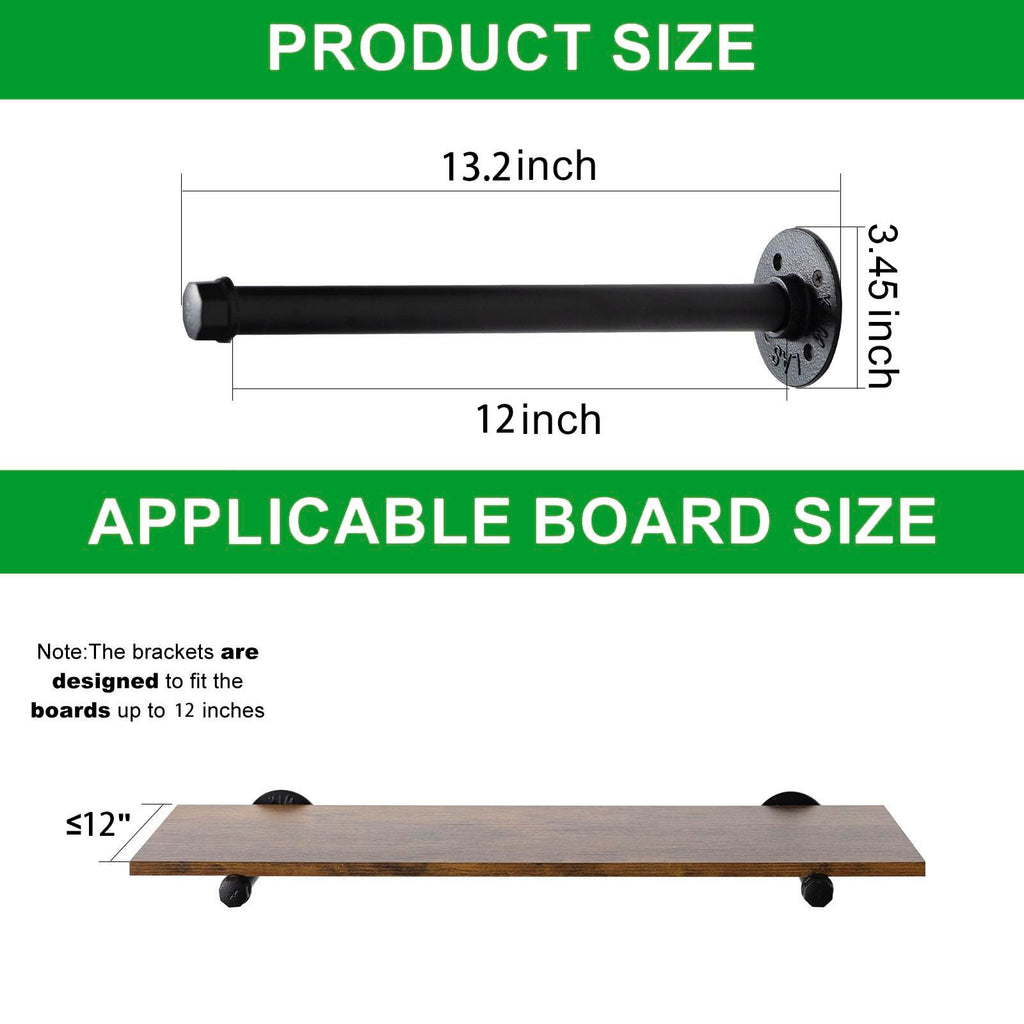 3/4" Industrial Pipe Shelf Brackets (6 Pack, 12") Black Iron Shelf Bracket Rustic Wall Mounted Shelving Brackets for