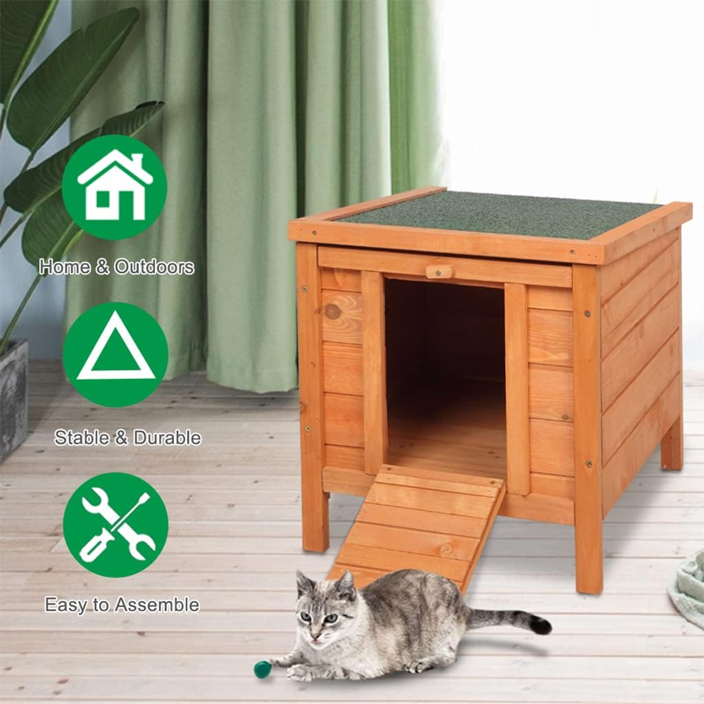 Cat House Outside, Weatherproof Wooden Bunny Rabbit Cat Hutch Outdoor Pet Cage Shelter Feral Cat House, Small Pet