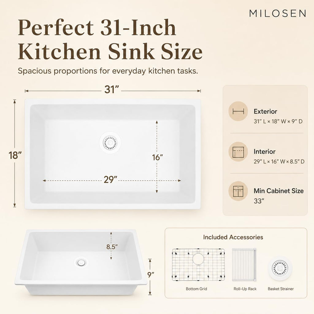 31''x18''White Undermount or Drop In Granite Composite