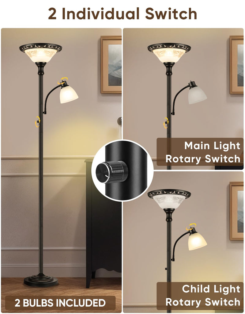Torchiere Floor Lamp with Reading Light, Thick Glass Shade