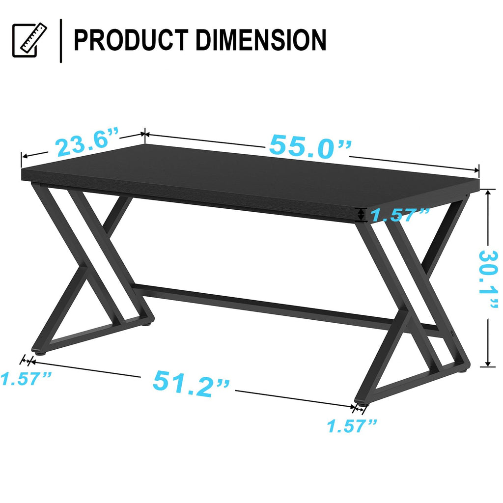 55 Inch Black Modern Computer Office Desk Metal & Wood Writing Desks