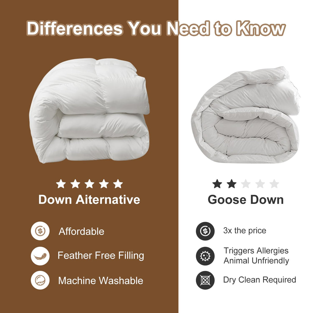 Fluffy Down Alternative Comforter, All Season Duvet Insert Lightweight Bed Comforter Insert White Baffle Box Stitched