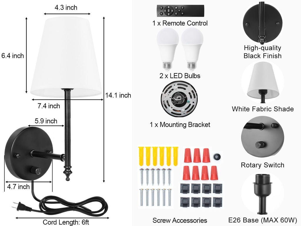 14.1 inch Wall Sconces Set of Two with Remote Control, Dimmable, Adjustable Colors 2700-6500K, Plug in Wall Sconces