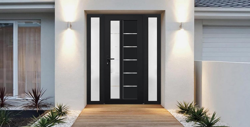 Front Exterior Prehung Fiberglass Door Frosted Glass/Manux 8088 Matte Black / 2 Side Exterior Windows/Entrance Patio