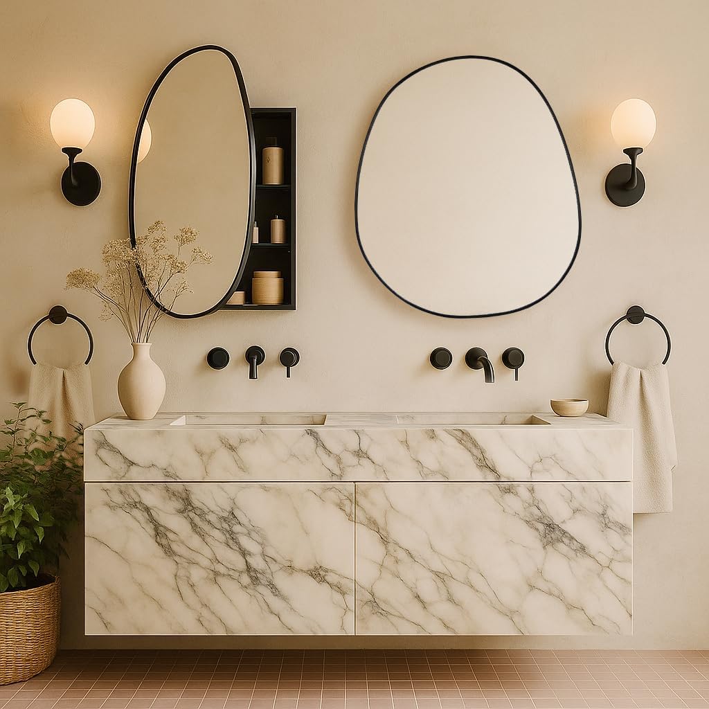 Surface Mount Black Bathroom Medicine Cabinet with Mirror, Wall Mounted Irregular Asymmetrical Bathroom Medicine