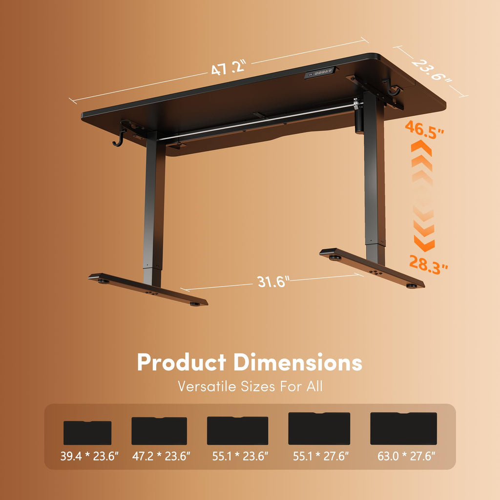 Standing Desk 48 × 24 Inch Electric Height Adjustable, Black