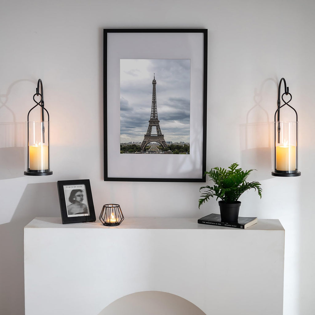 Black Candle Sconces Set of 2, with Hurricane Glass