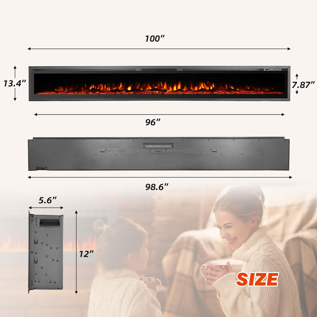 100 inch Electric Fireplace Inserts, Recessed and Wall Mounted Fireplace Silence Linear Fireplace with Timer, Remote