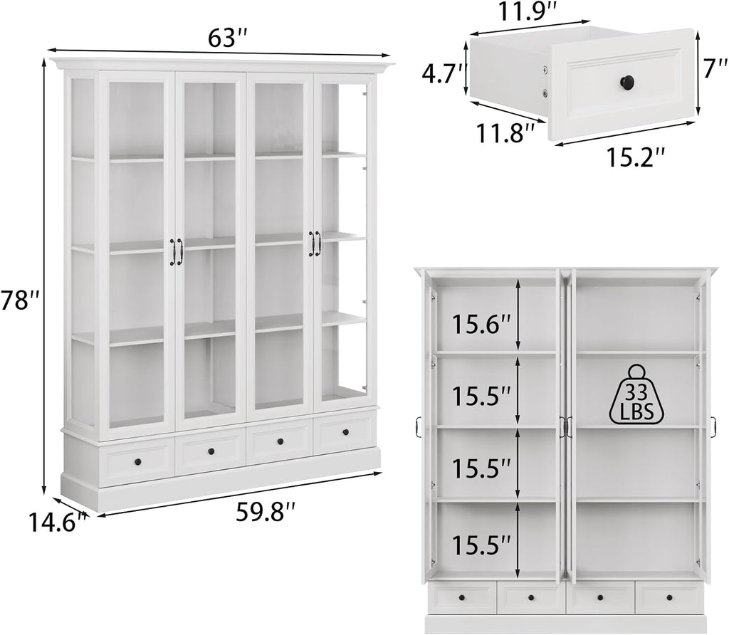 78" Tall Large Storage Cabinet with Glass Door, White Pantry | China Hutch, Farmhouse 4-Tier Display Cabinet with