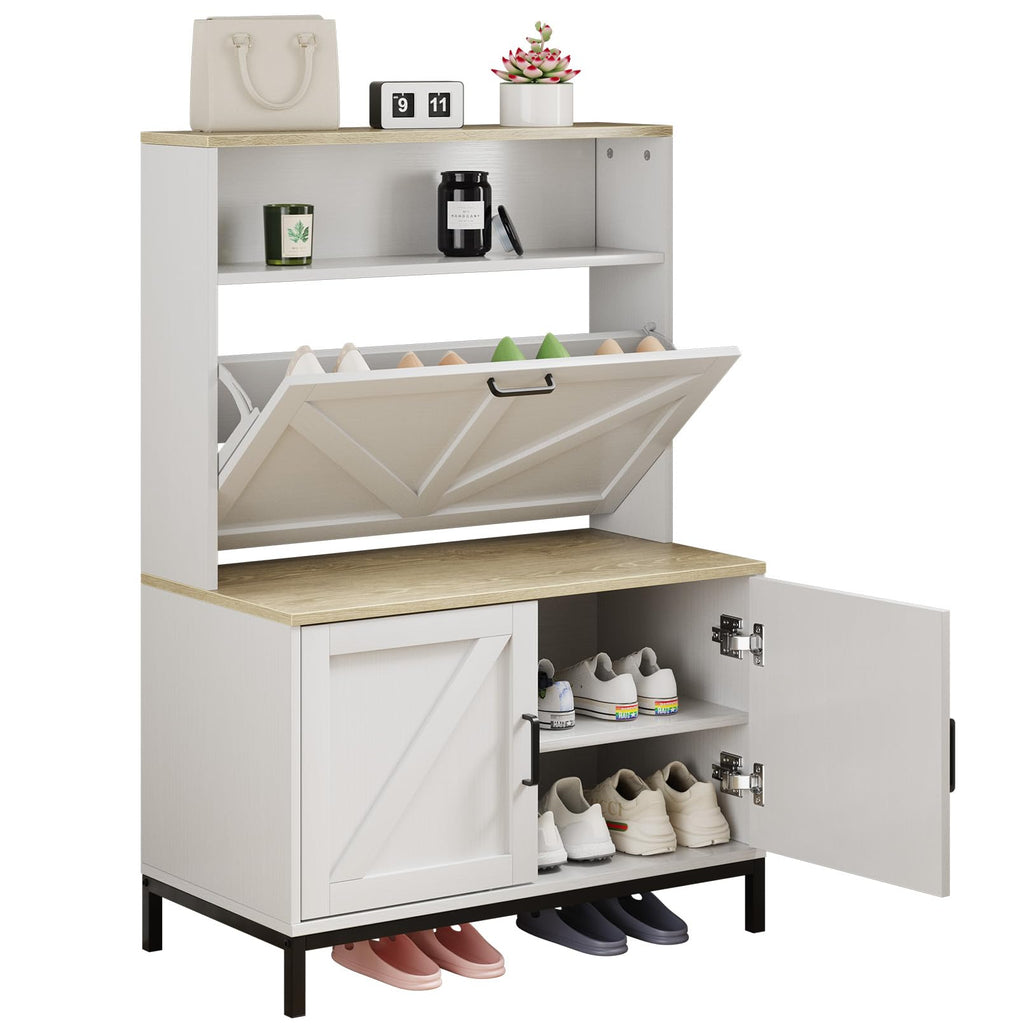 Wooden Shoe Cabinet with Flip Drawer and Doors, Narrow Shoe Rack Organizer Cabinet for Classified Storage, Farmhouse