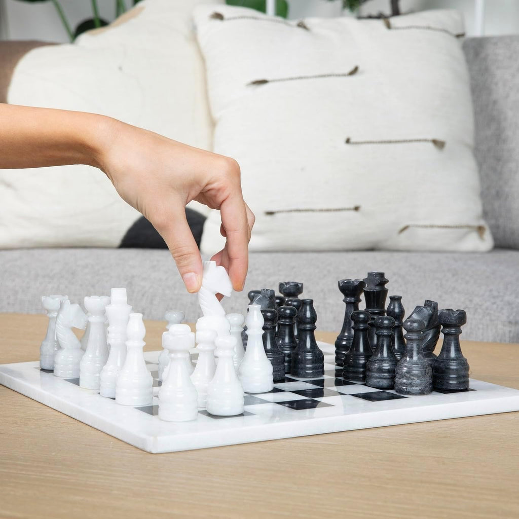 Marble Chess and Checkers Set - Luxury Tabletop Game and Coffee Table Decor - Elegant 3-in-1 Marble Game for Room - Set of 56