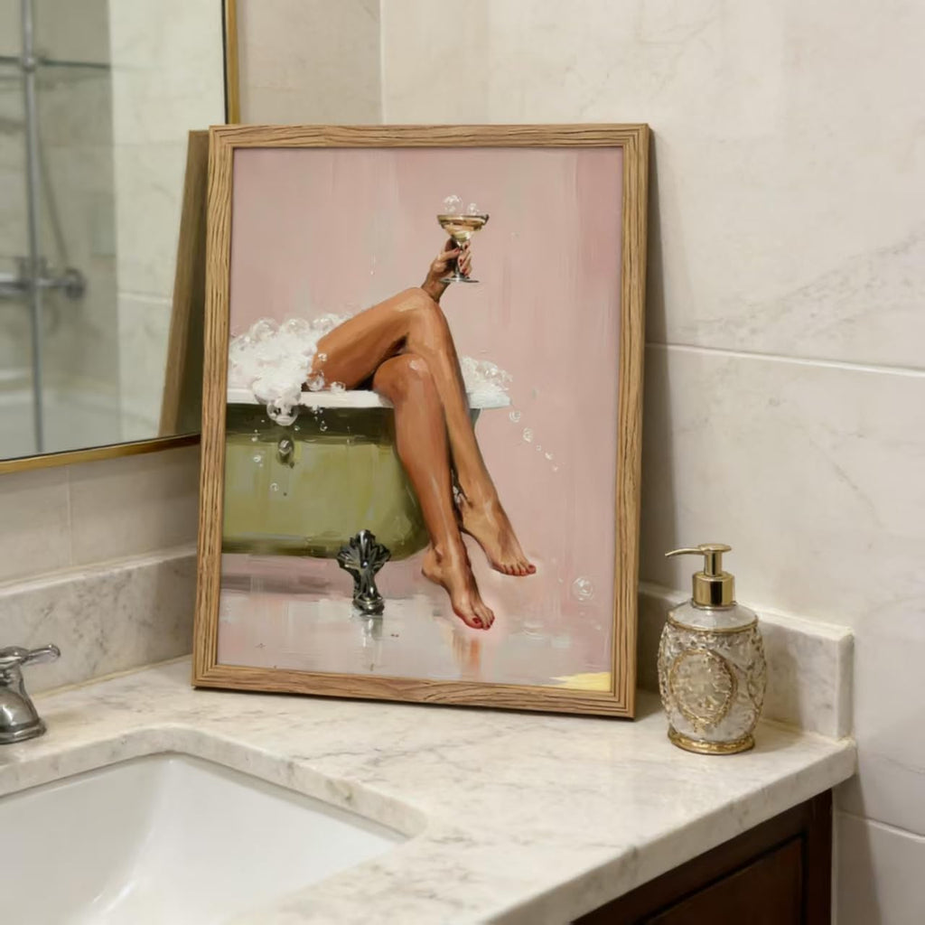 Framed Glam Pink Bubble Bath Canvas Wall Art Vintage Tub Martini Poster Print Elegant Woman Bathroom Wall Decor