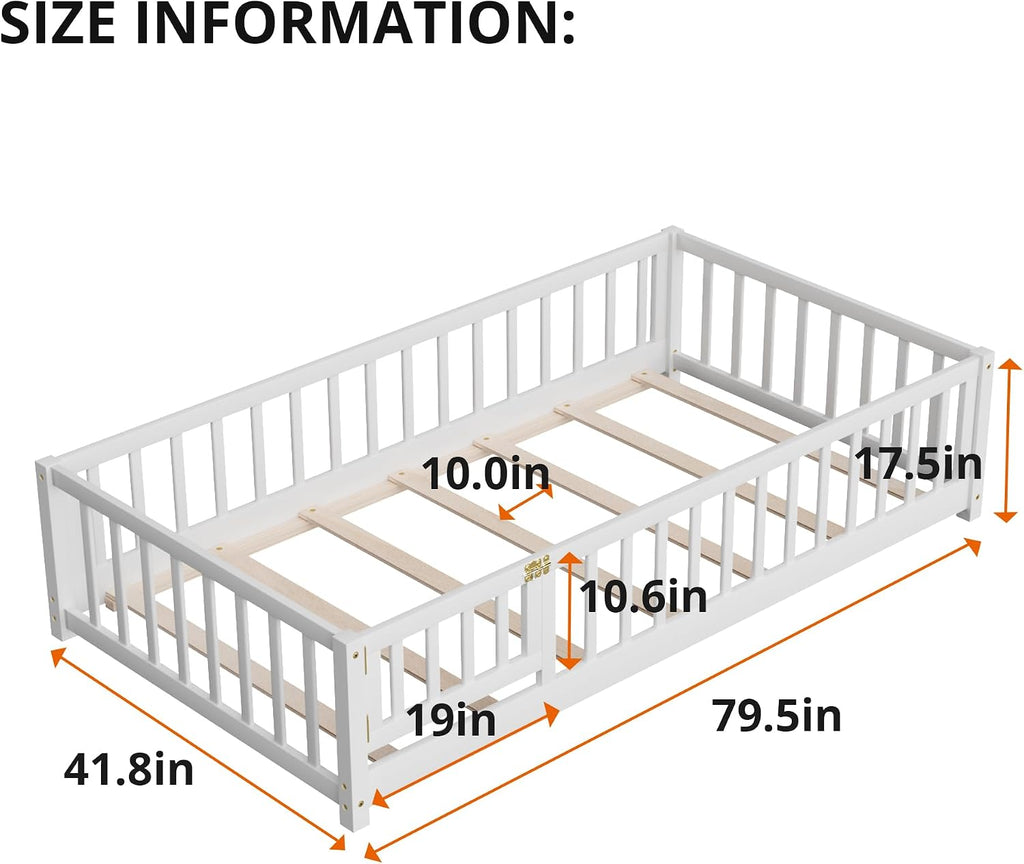 Floor Bed for Children, Sturdy Wood Montessori Bed Frame with Wood Slats, High Fence & Small Door, Montessori