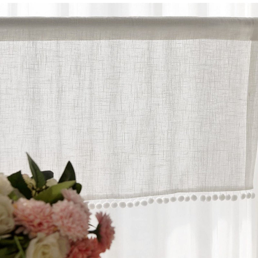 Short Curtain for Small Window Solid White Sheer Cotton Linen with Pompom Tassel Window Treatment Valance Window