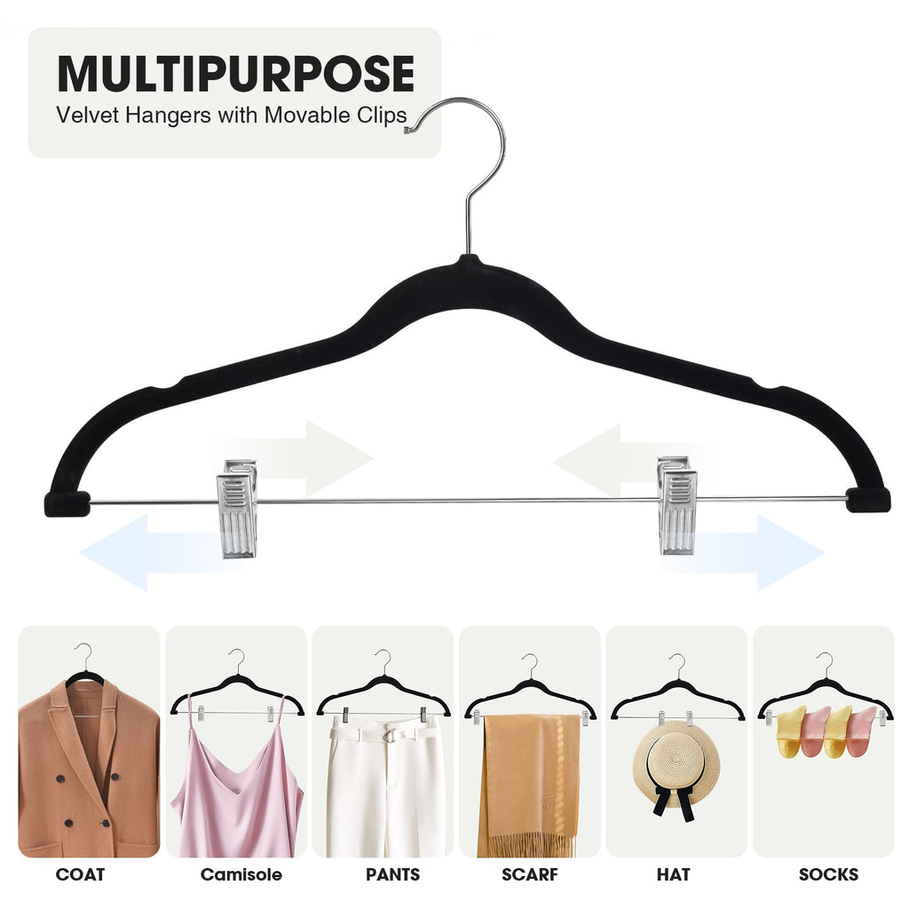 36-Pack Black Velvet Hangers with Clips Adjustable, Adult Hangers, Heavy-Duty, Felt, Non-Slip, Space Saving, Slim Outfit