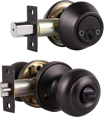 1 Pack Keyed Alike Door Knob with Double Cylinder Deadbolt Lock Set, Oil Rubbed Bronze Door Lock Sets Exterior, Round
